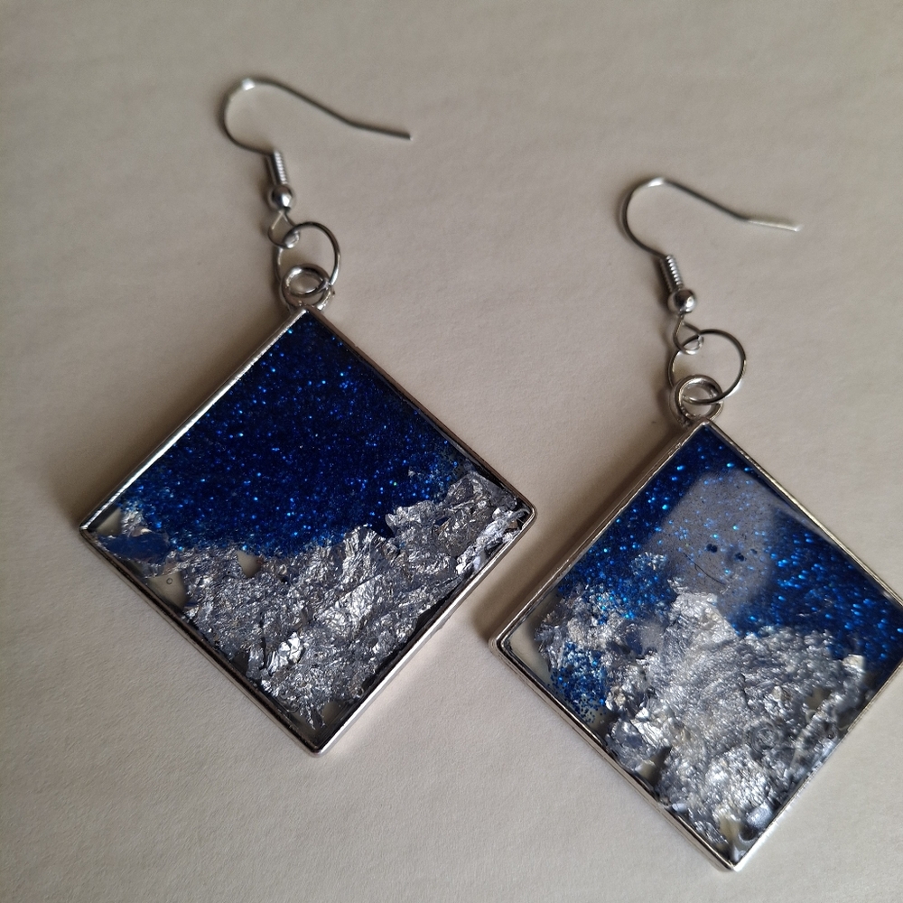 Deep Blue Glitter Square Drop Earrings with Silver Foil